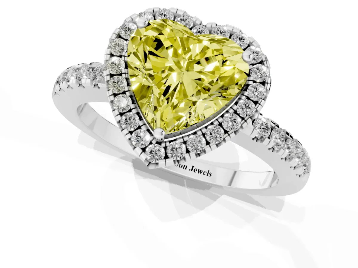 Fancy Yellow Heart Cut Halo Diamond Engagement Ring with Pavé Band and Four-Prong Setting White gold