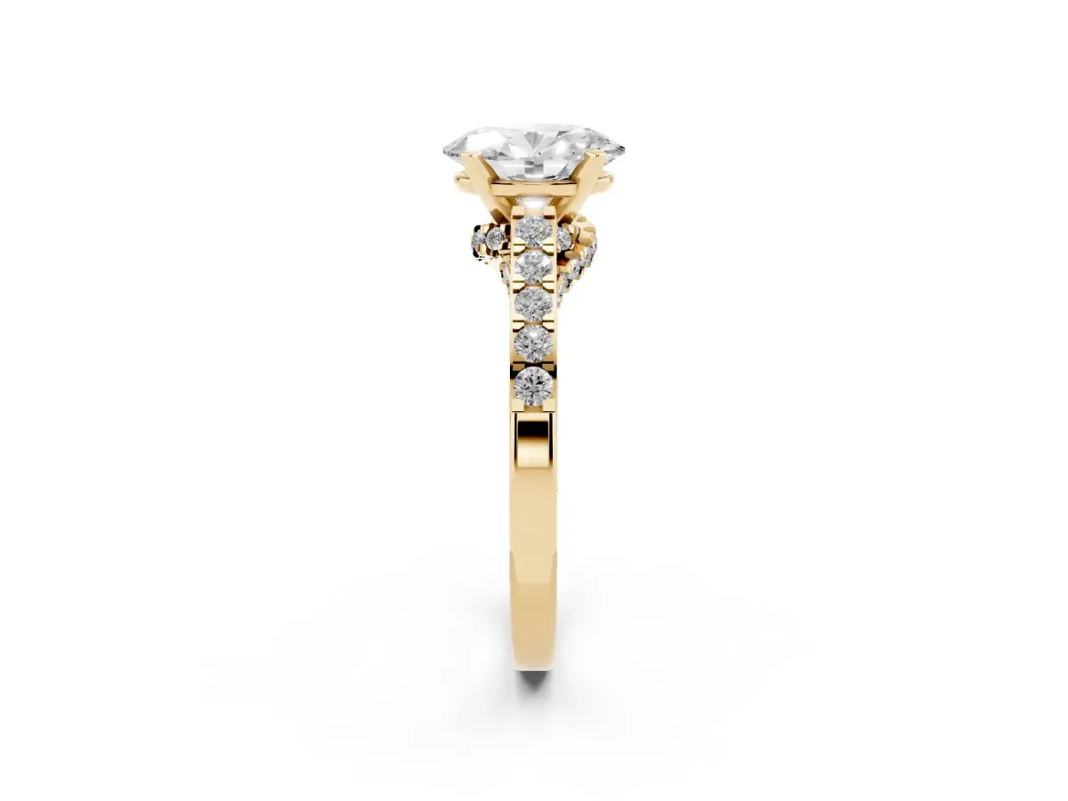 Oval Cut Diamond Solitaire Ring with Crossover Gallery and Round Pavé Band Yellow gold
