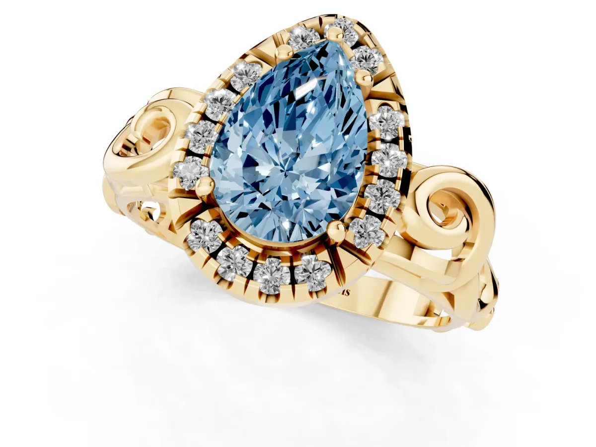 Fancy Blue Pear Cut Cut Halo Diamond Ring with Scrollwork Band and Four-Prong Setting Yellow gold