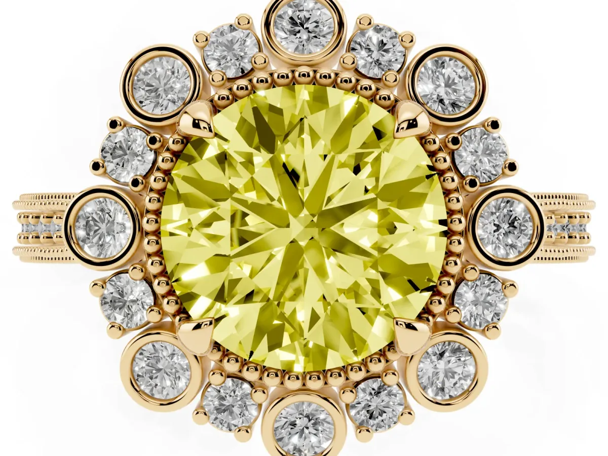 Fancy Yellow Round Cut Halo Milgrain Pave Diamond Ring with Four-Prong Setting Yellow gold
