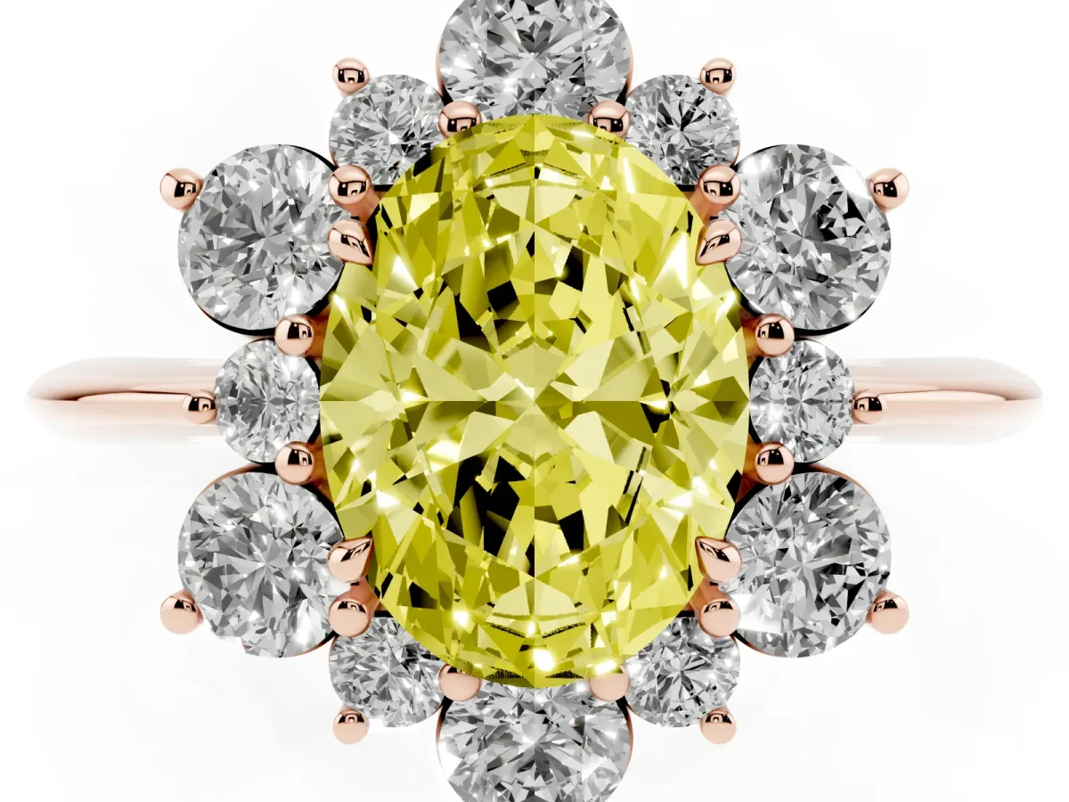 Fancy Yellow Oval Cut Diamond Cluster Halo Ring with Solitaire Band and Four-Prong Setting Rose gold