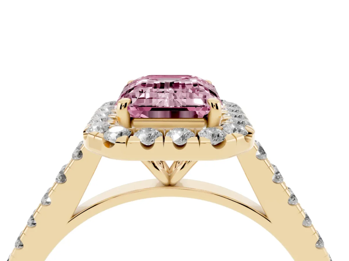 Fancy Pink Emerald Cut Halo Pave Diamond Engagement Ring with Four-Prong Setting Yellow gold