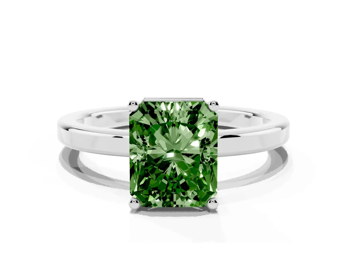 Fancy Green Radiant Cut Cut Solitaire Engagement Ring with Four-Prong Setting on a Classic Band Silver