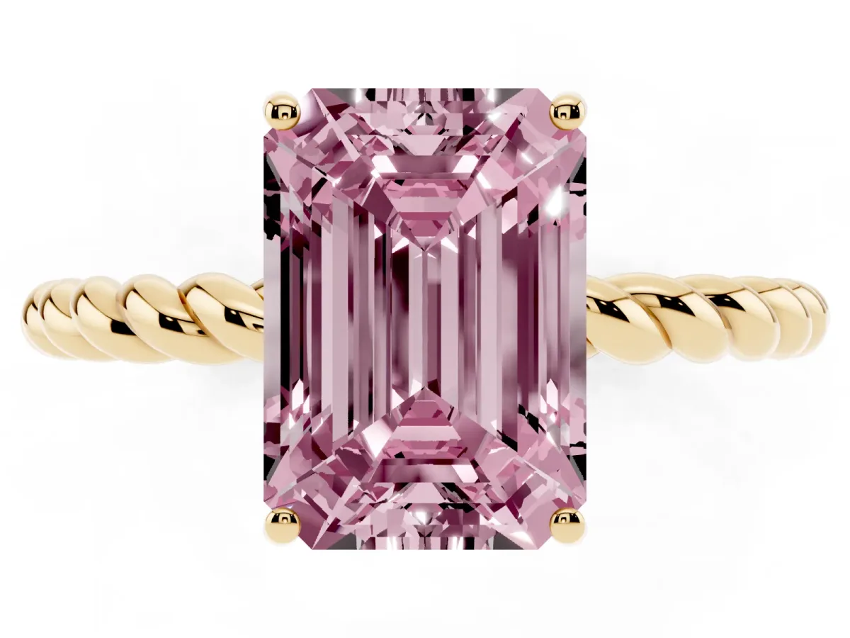 Fancy Pink Emerald Cut Solitaire Twisted Band 4-Prong Ring Yellow gold