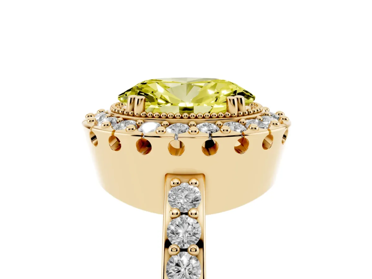 Fancy Yellow Oval Cut Diamond Halo Ring with Pavé Band and Prong Setting Yellow gold