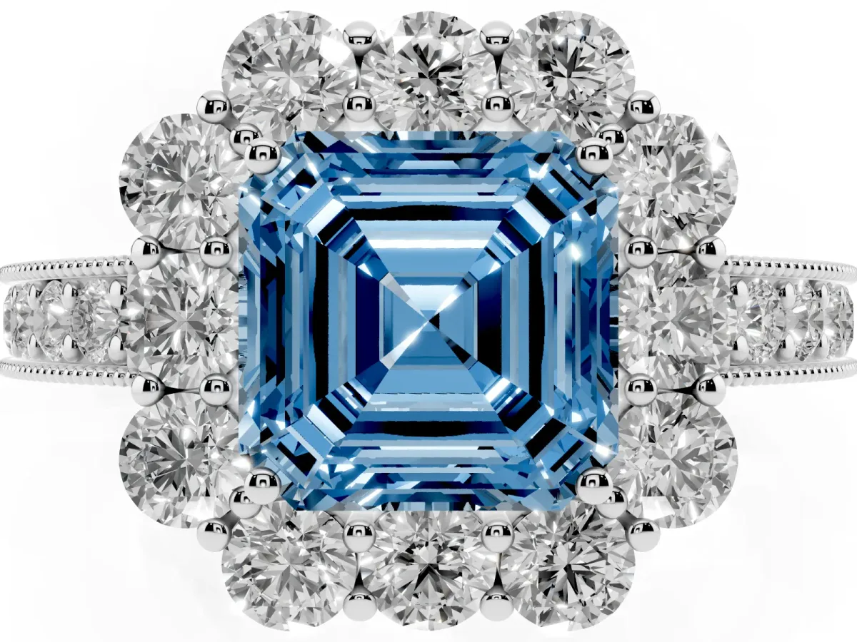 Fancy Blue Asscher Cut Cut Halo Diamond Pavé Engagement Ring with Milgrain Detailing Platinum