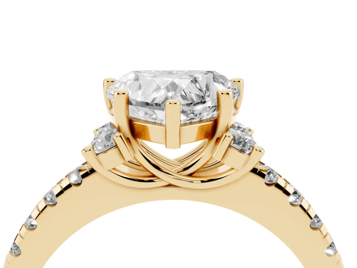 Heart Cut Diamond Three-Stone Pave Band with Four-Prong Setting Yellow gold