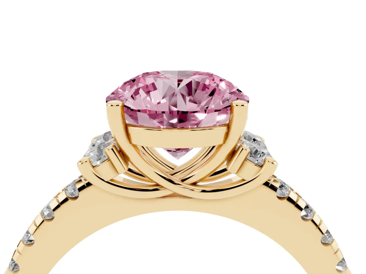 Fancy Pink Round Cut Diamond Three-Stone Pave Band with Four-Prong Setting Yellow gold