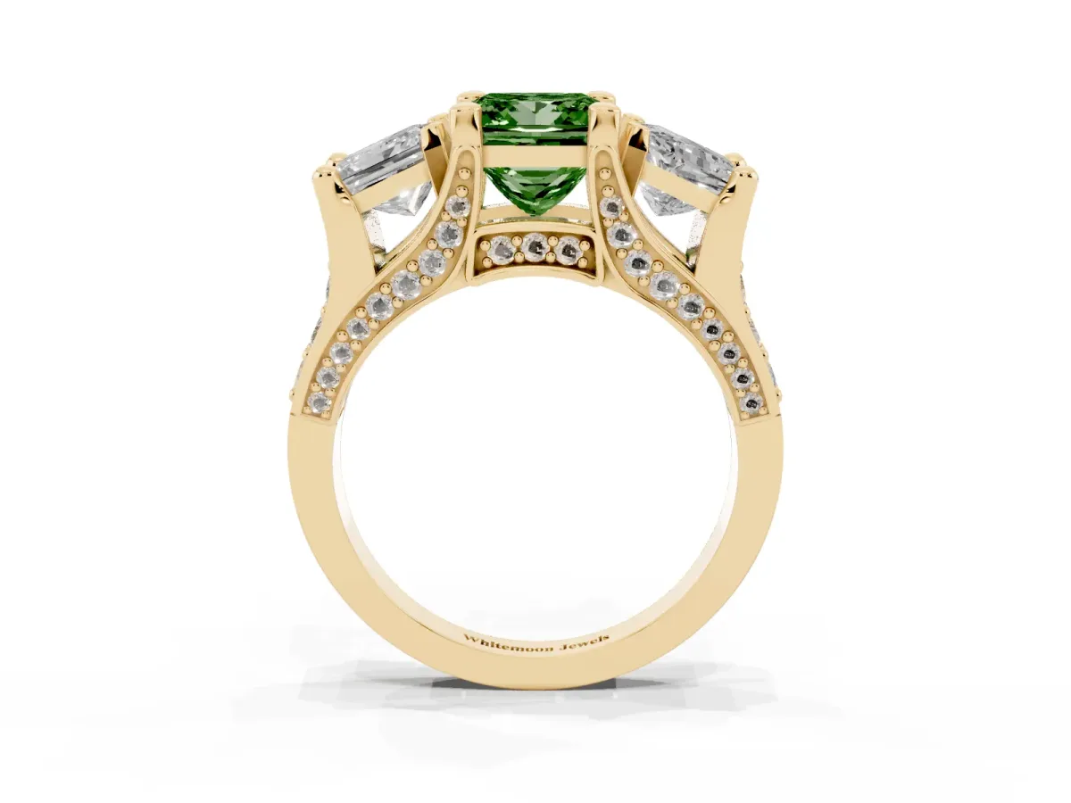 Fancy Green Princess Cut Diamond Three-Stone Ring with Channel Set Band and Four-Prong Setting Yellow gold