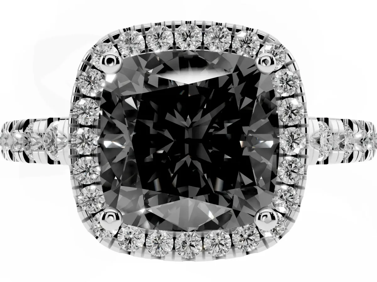 Fancy Black Cushion Cut Diamond Halo Ring with Pavé Band and Four-Prong Setting Platinum