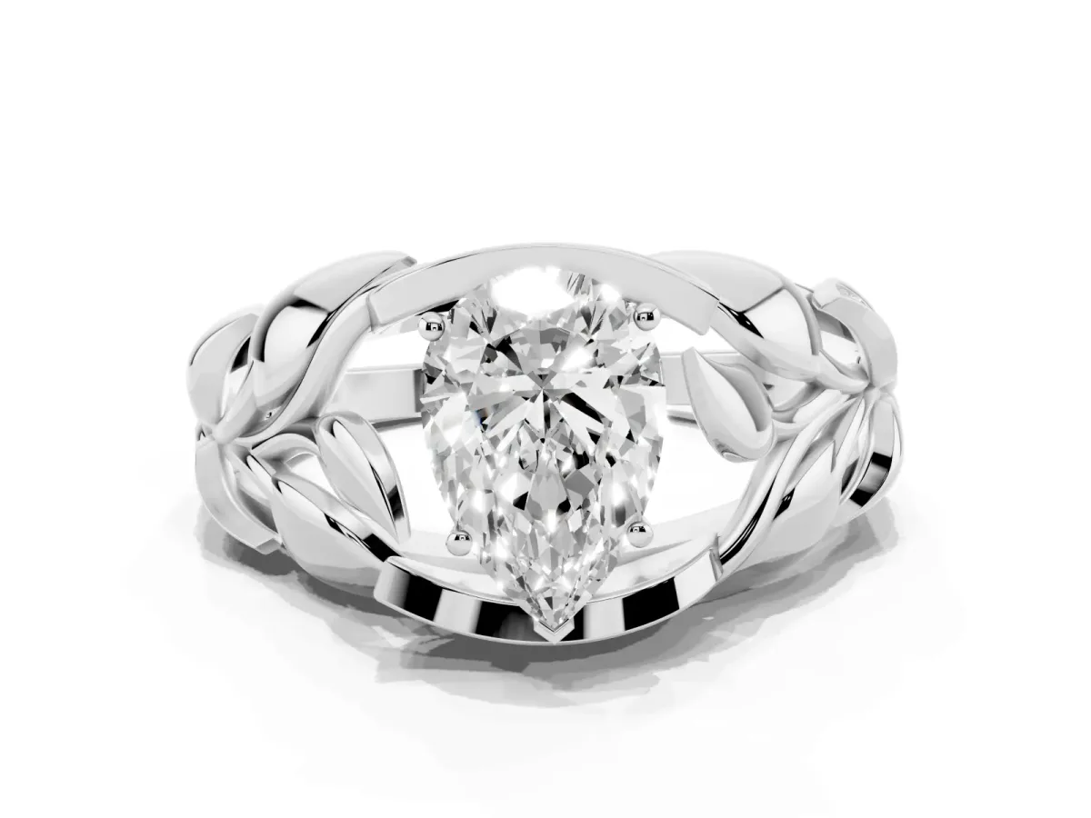 Pear Cut Diamond Leaf-Inspired Engagement Ring with Round Accents and Prong Setting Silver