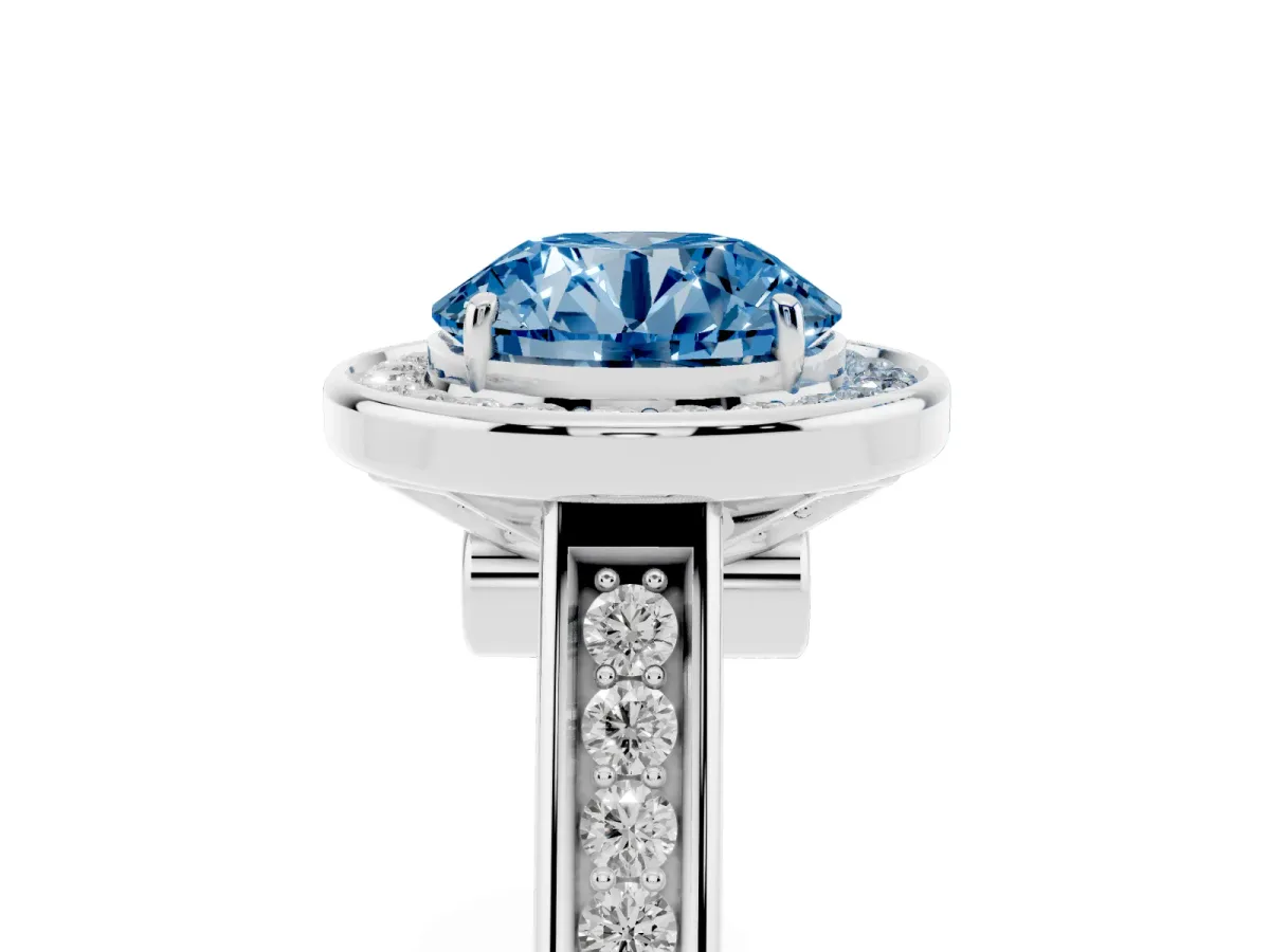 Fancy Blue Round Cut Halo Solitaire Diamond Ring with Pave Band and Bezel Setting Silver