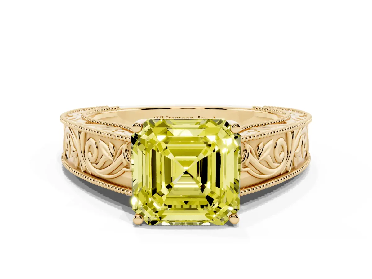 Fancy Yellow Asscher Cut Diamond Solitaire Ring with Engraved Band and Four-Prong Setting Yellow gold