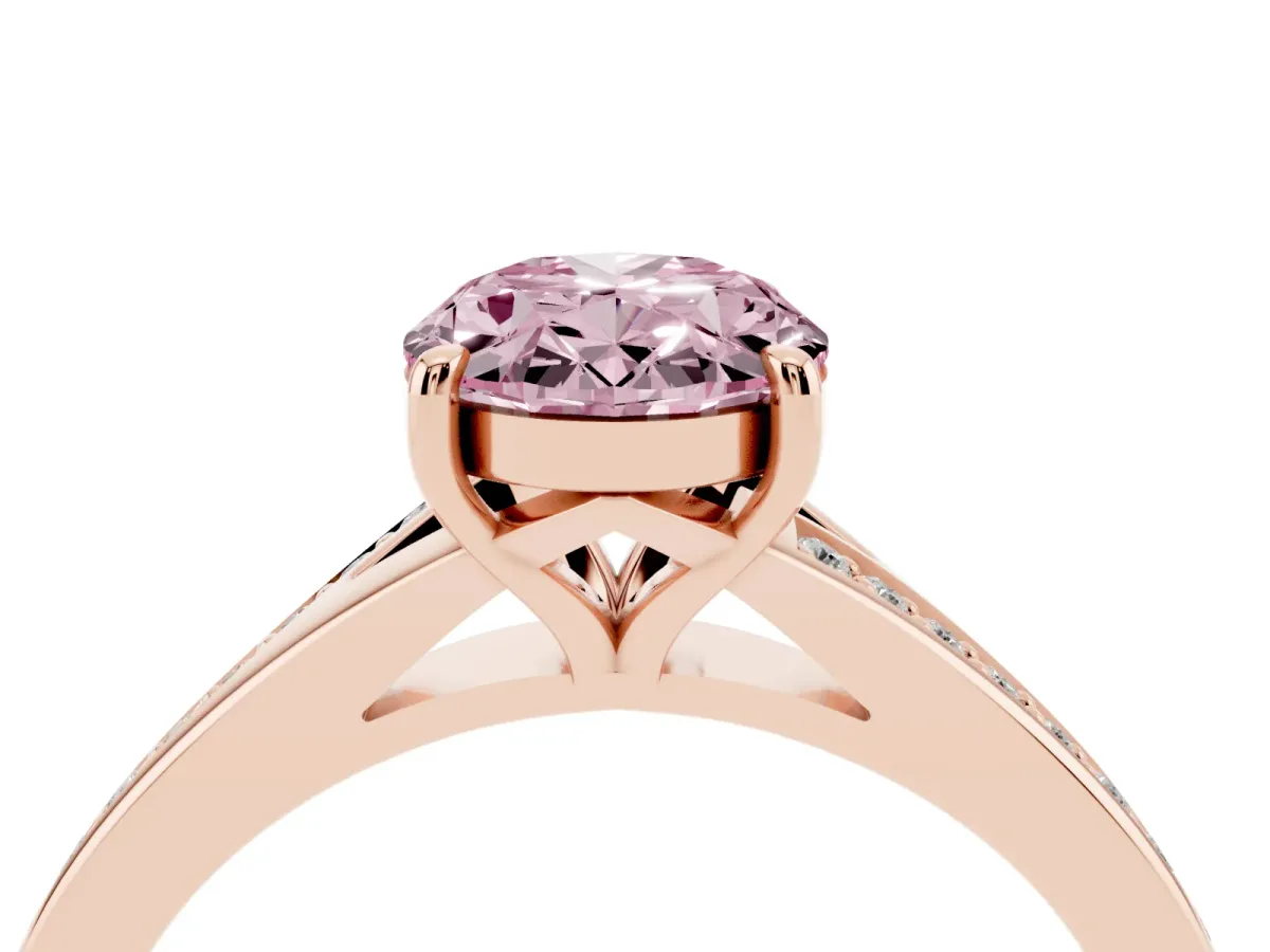 Fancy Pink Oval Cut Diamond Solitaire Ring with Pavé Band and Prong Setting Rose gold