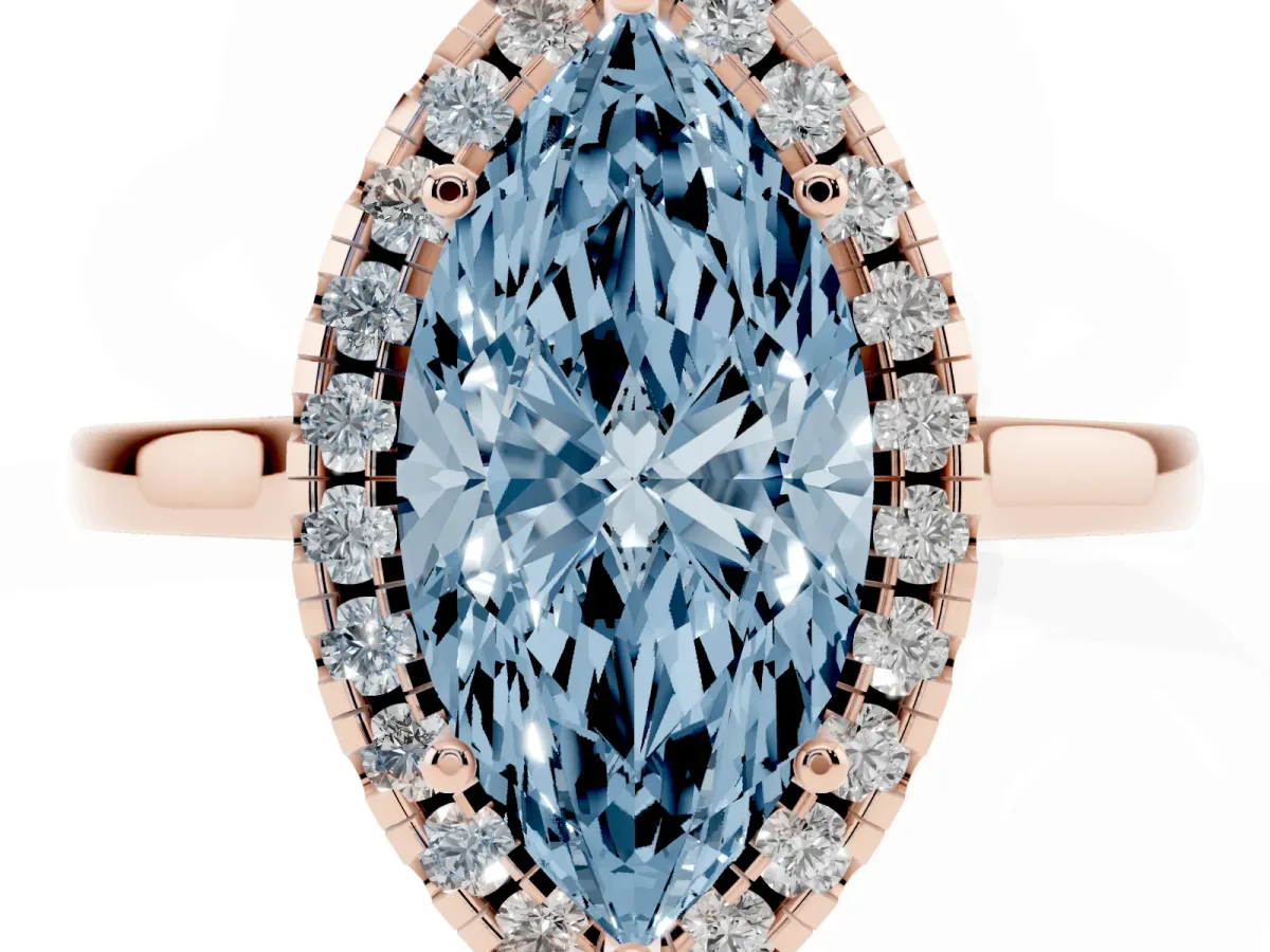 Fancy Blue Marquise Cut Halo Round Diamond Solitaire Ring with Pavé Band and Four-Prong Setting Rose gold