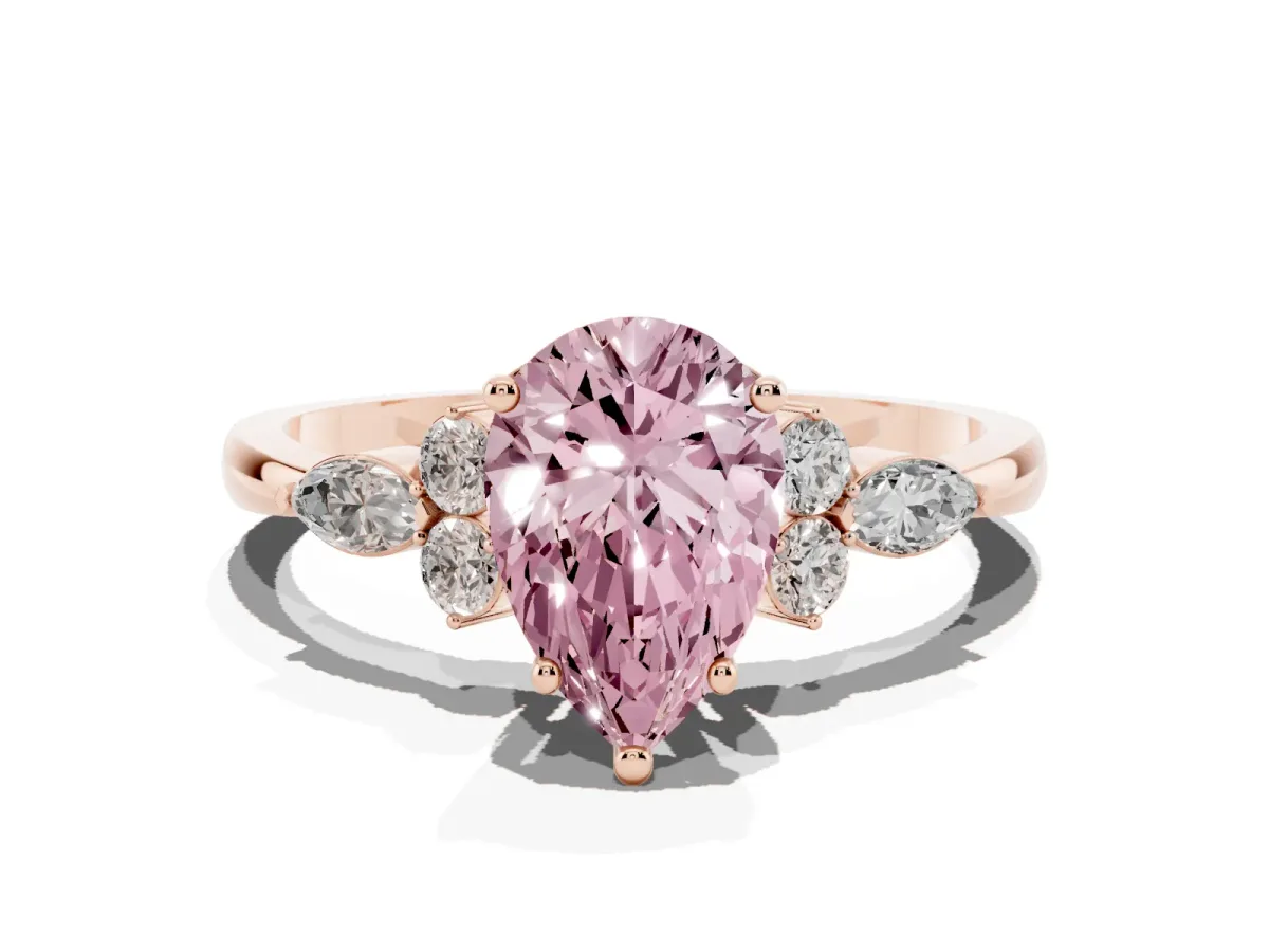 Fancy Pink Pear Cut Brilliant Diamond Solitaire Ring with Pear Side Stones and Four-Prong Setting Rose gold