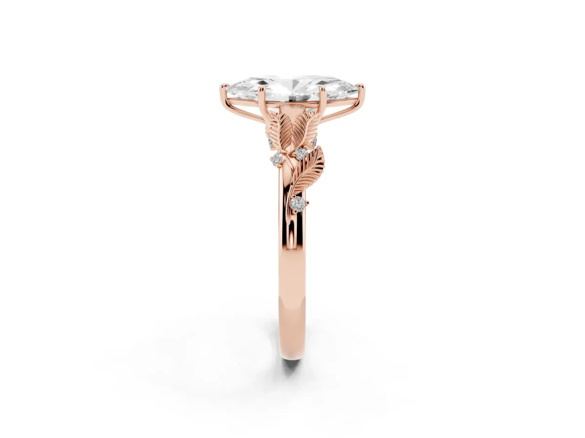 Marquise Cut Diamond Solitaire Ring with Leaf Motif Band and Four-Prong Setting Rose gold