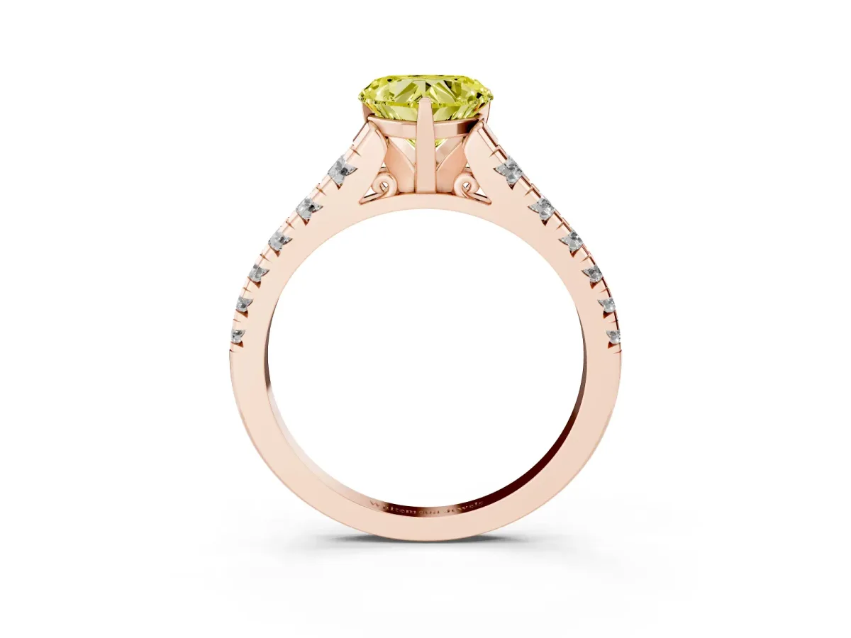 Fancy Yellow Heart Cut Diamond Cathedral Solitaire Ring with Round Pavé Band Rose gold