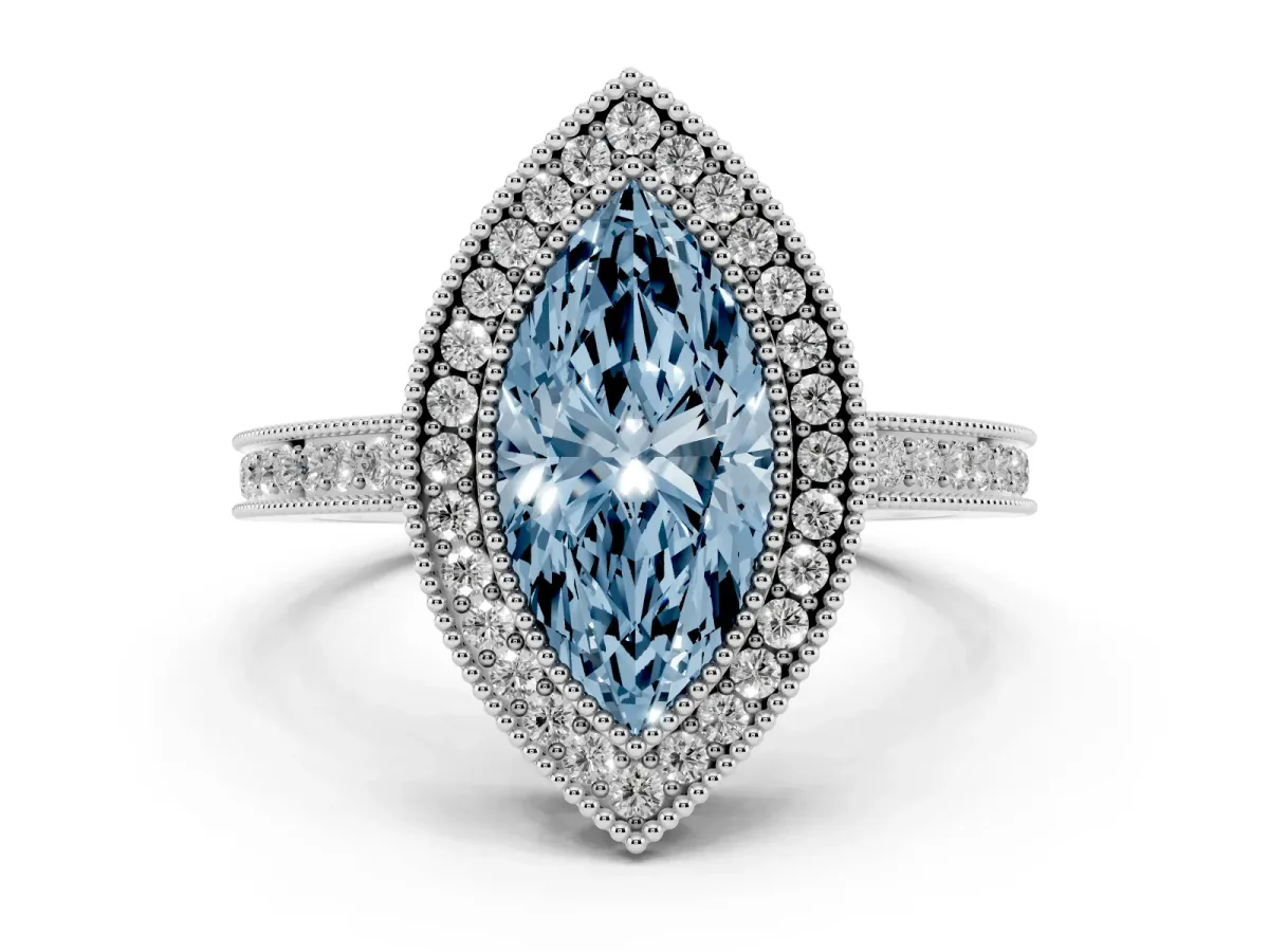 Fancy Blue Marquise Cut Cut Halo Diamond Ring with Pavé Band and Milgrain Prong Setting Platinum