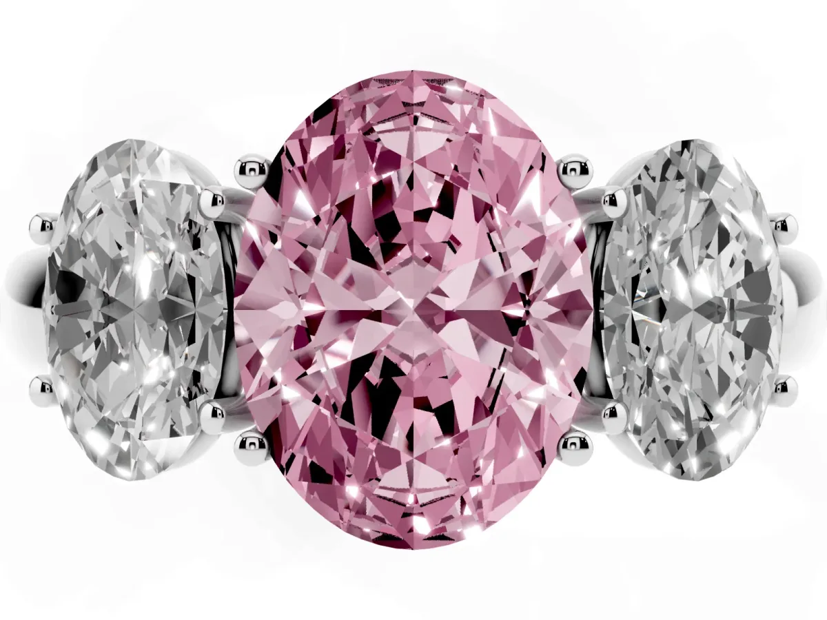 Fancy Pink Oval Cut Diamond Three-Stone Ring with Four-Prong Setting and Classic Band Silver