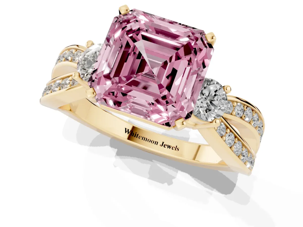 Fancy Pink Three-Stone Asscher Cut Cut Diamond Twist Band with Prong Setting Yellow gold