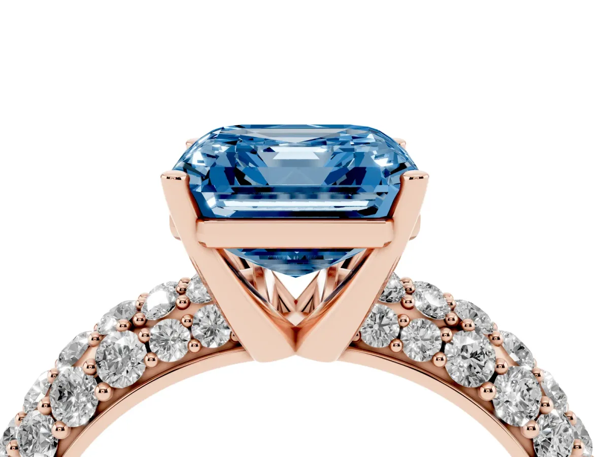 Fancy Blue Asscher Cut Diamond Pavé Band Solitaire Ring with Four-Prong Setting Rose gold