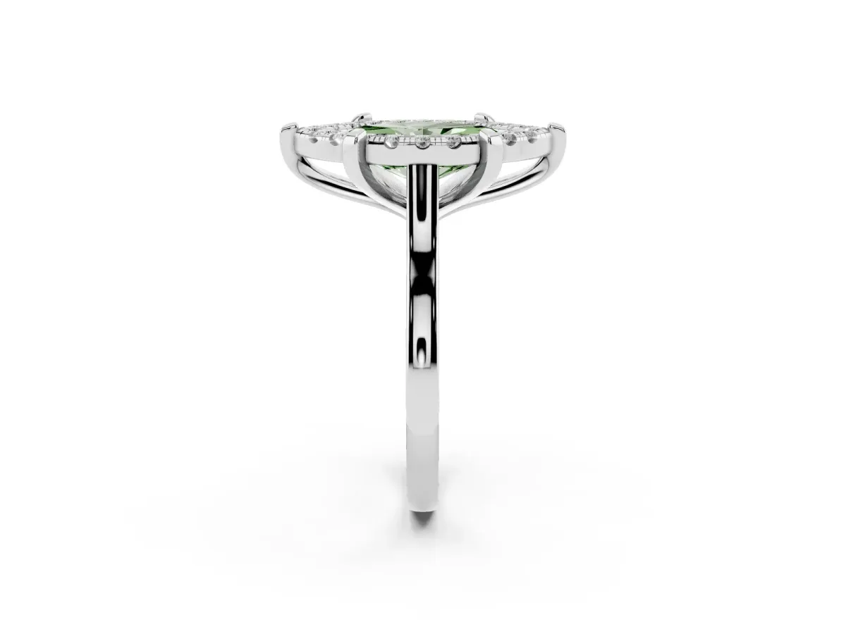 Fancy Green Marquise Cut Diamond Cluster Halo Solitaire with Four-Prong Setting Silver