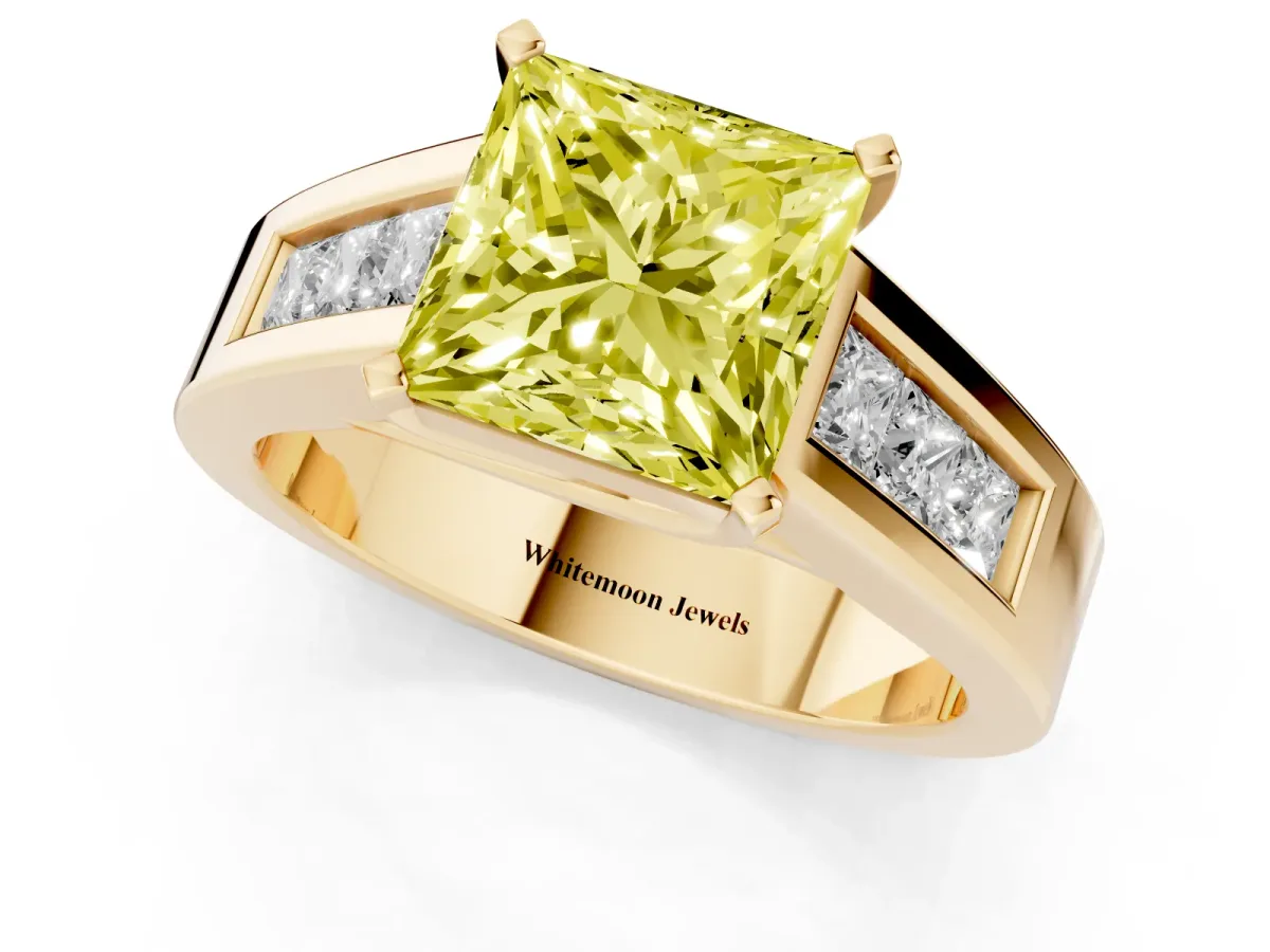 Fancy Yellow Princess Cut Cut Channel Set Solitaire Ring with Four-Prong Setting Yellow gold