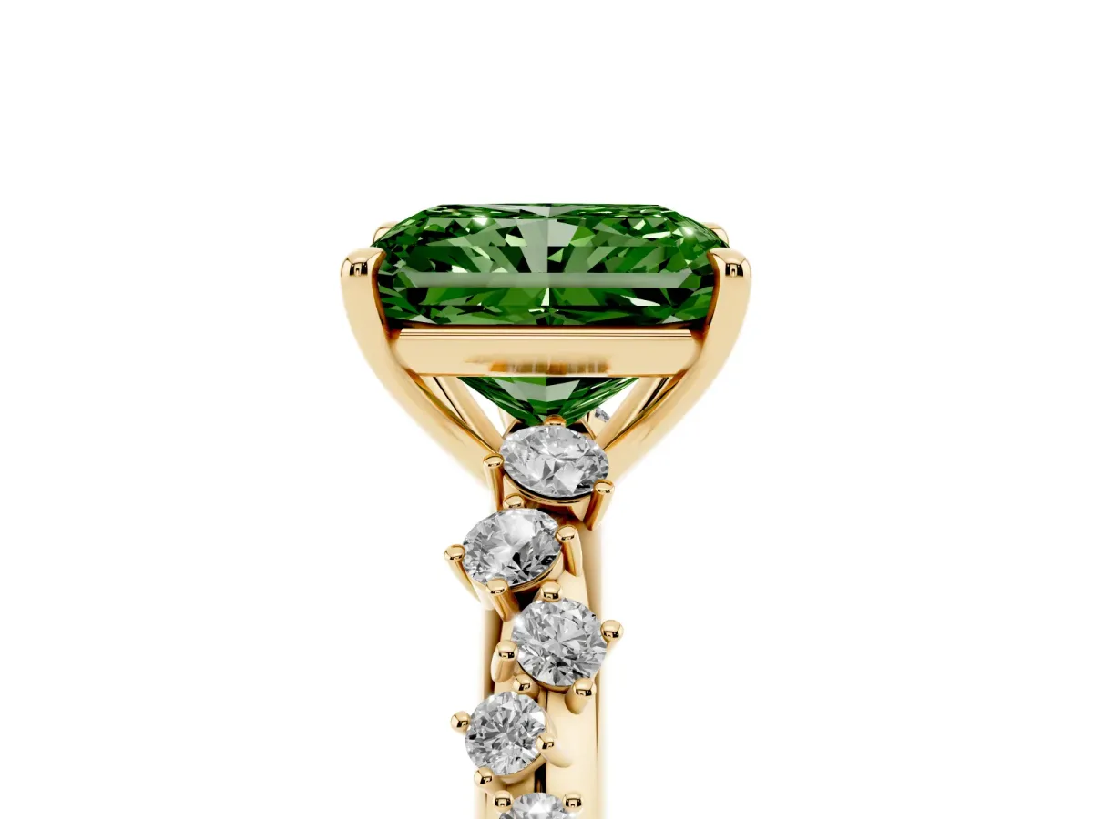 Fancy Green Radiant Cut Diamond Cluster Side Stone Solitaire Ring with Prong Setting Yellow gold