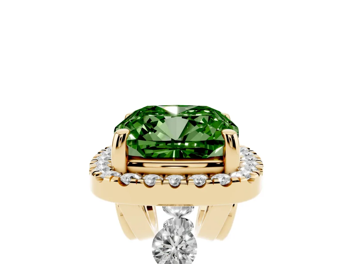 Fancy Green Cushion Cut Halo Pavé Diamond Engagement Ring with Four-Prong Setting Yellow gold