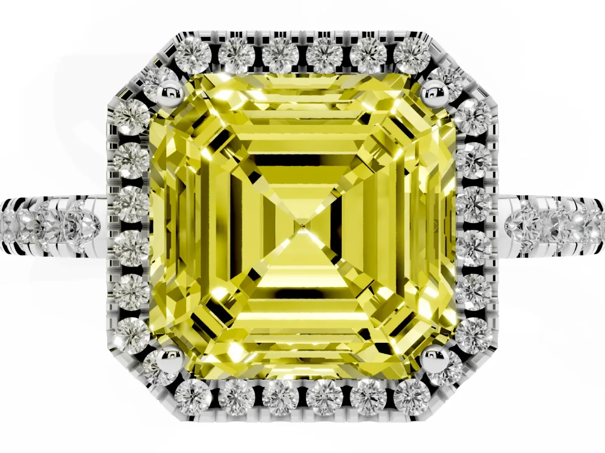 Fancy Yellow Asscher Cut Halo Diamond Engagement Ring with Pavé Band and Four-Prong Setting Platinum