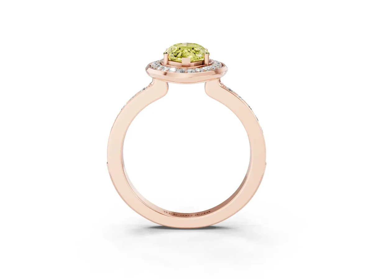 Fancy Yellow Marquise Cut Diamond Halo Ring with Bezel Frame and Pavé Band Rose gold