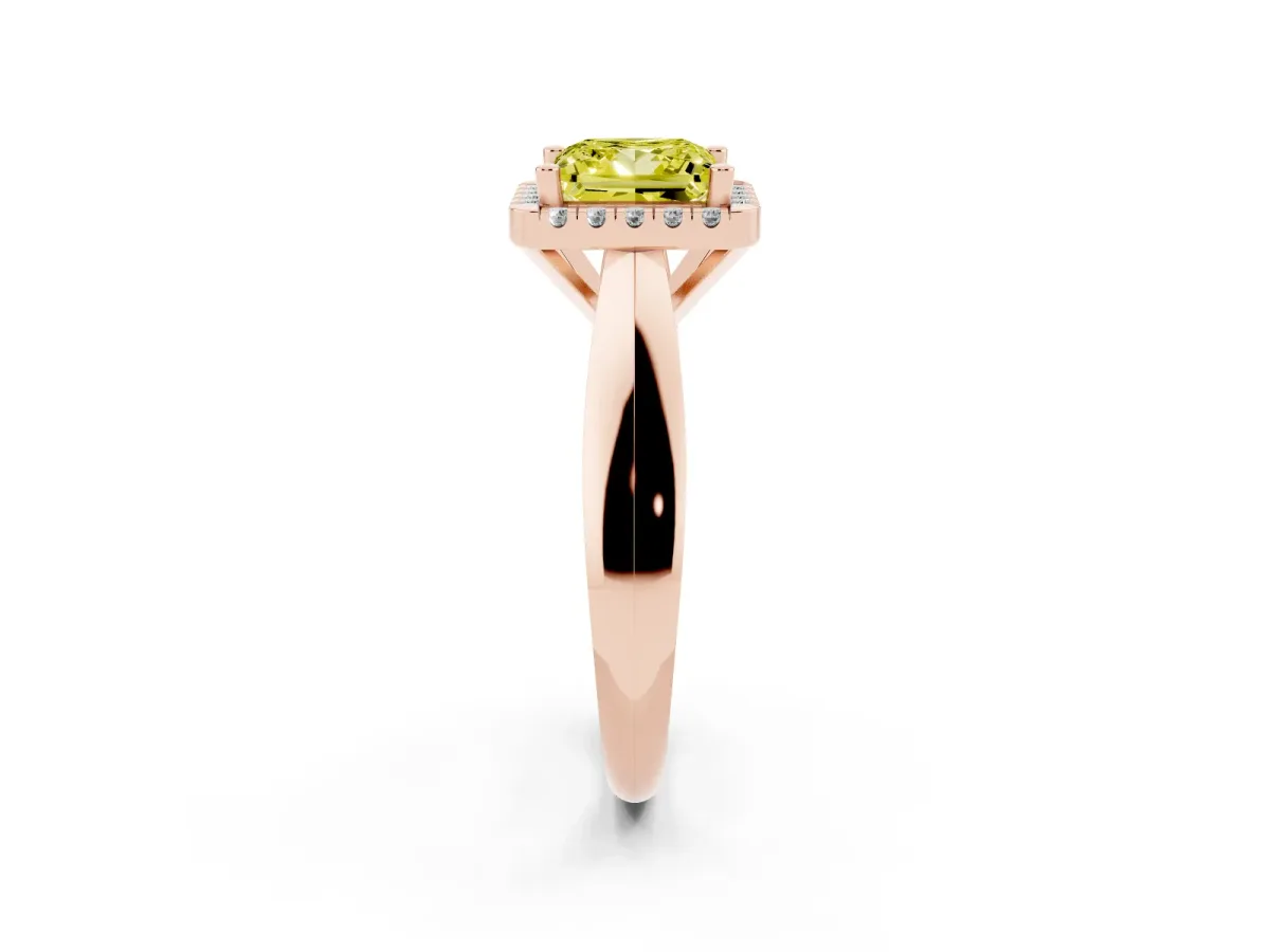 Fancy Yellow Princess Cut Cut Halo Solitaire Engagement Ring with Square Band and Four-Prong Setting Rose gold