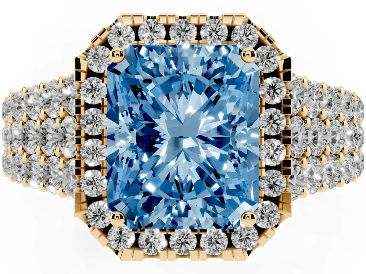 Fancy Blue Radiant Cut Diamond Halo Engagement Ring with Triple Row Round Pavé Band and Prong Setting Yellow gold