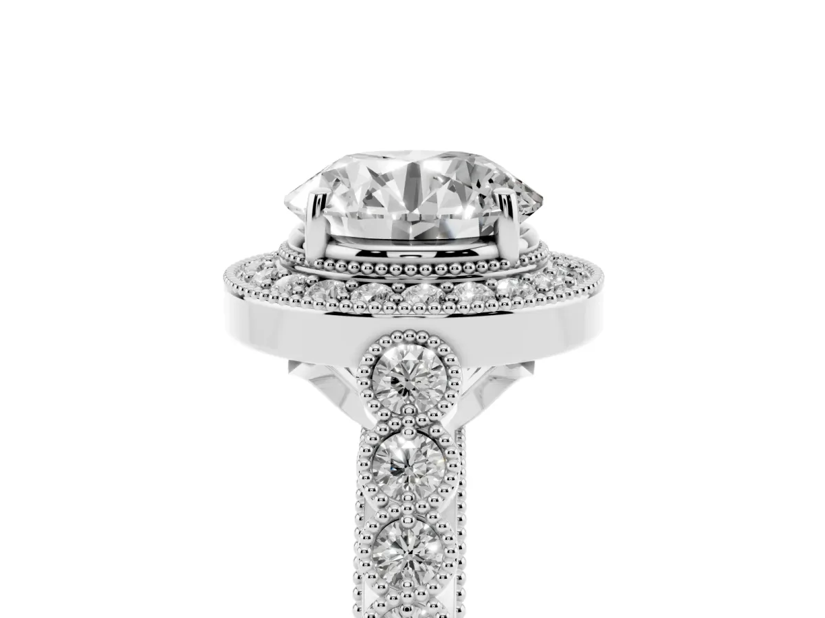 Round Cut Halo Milgrain Solitaire with Bezel Set Side Stones and Pave Band White gold