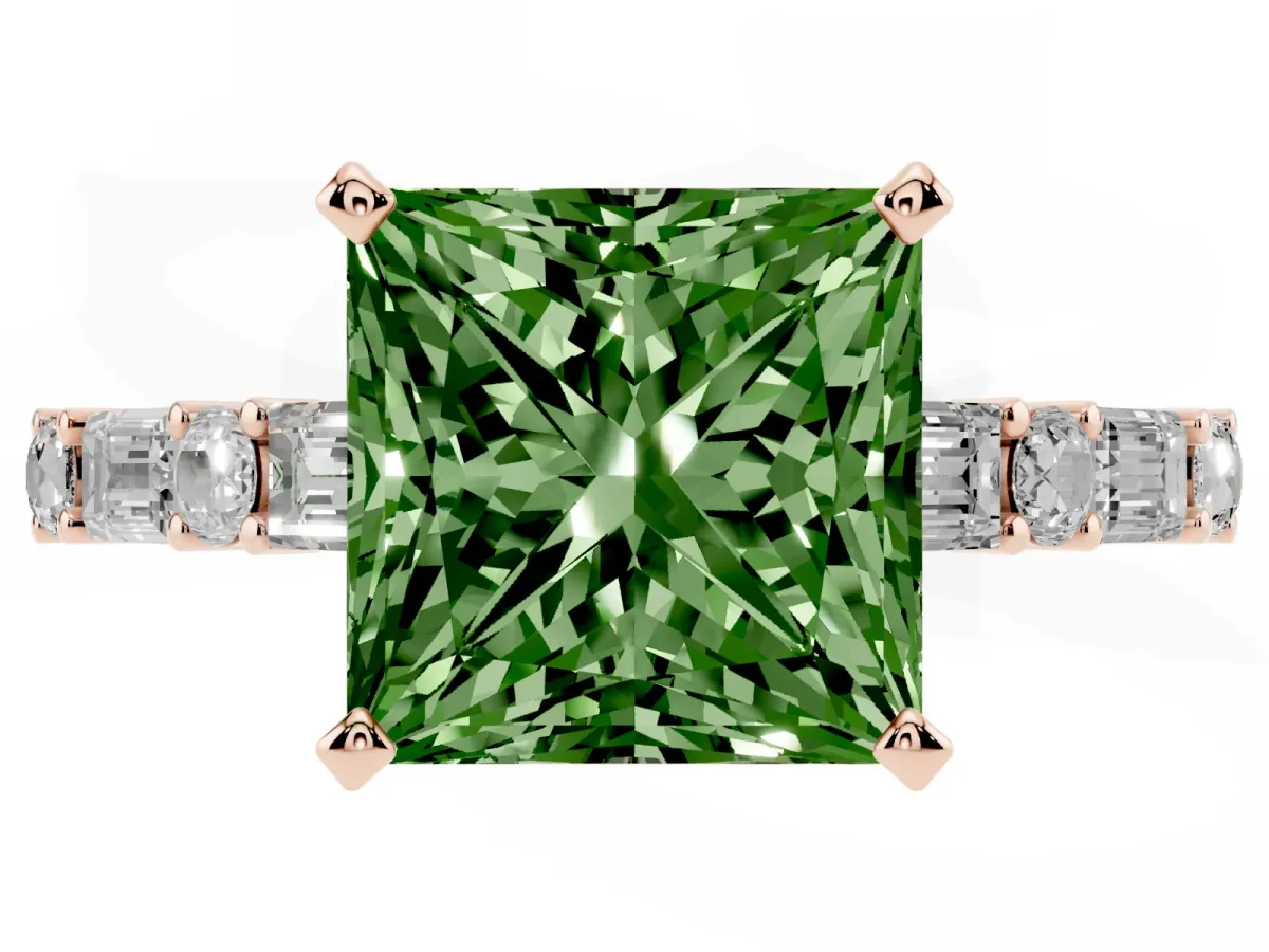 Fancy Green Princess Cut Diamond Solitaire with Side Baguettes and Channel Set Band Rose gold