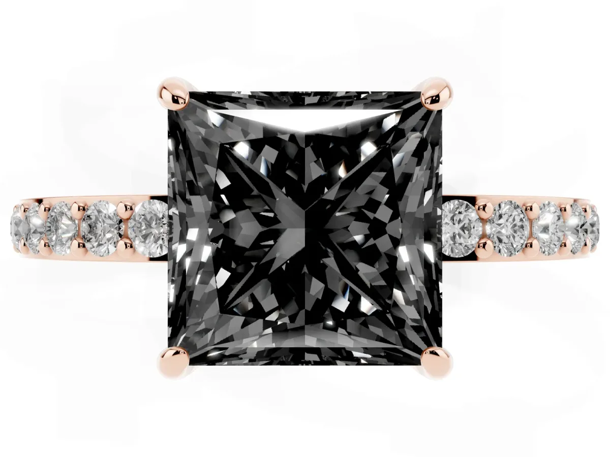 Fancy Black Princess Cut Diamond Pavé Engagement Ring with Round Accents and Prong Setting Rose gold