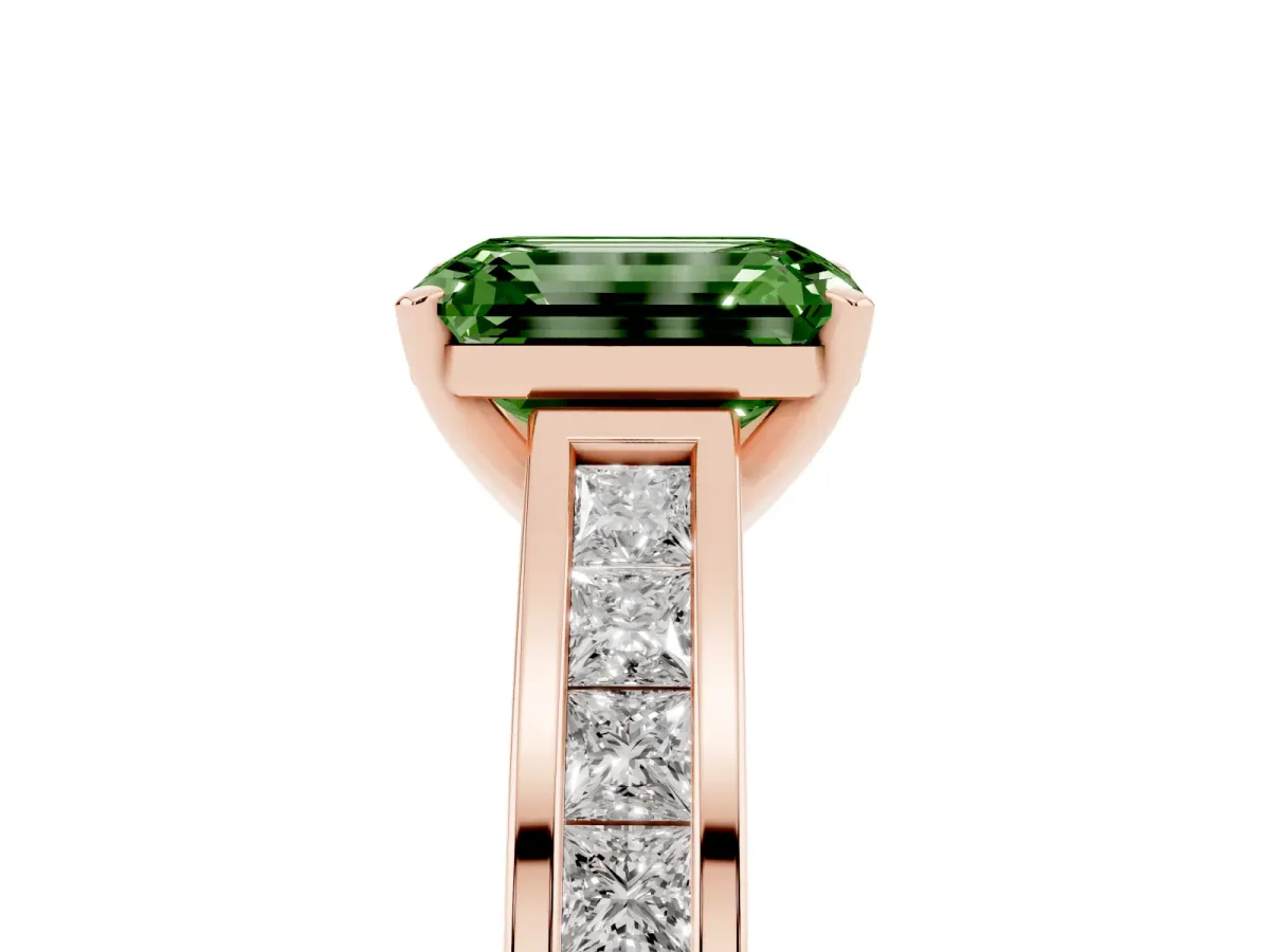 Fancy Green Emerald Cut Solitaire Diamond Ring with Channel-Set Band and Four-Prong Setting Rose gold