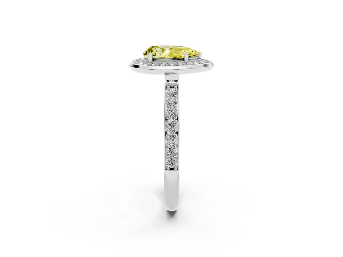 Fancy Yellow Pear Cut Diamond Halo Ring with Bezel Frame and Pavé Band Silver