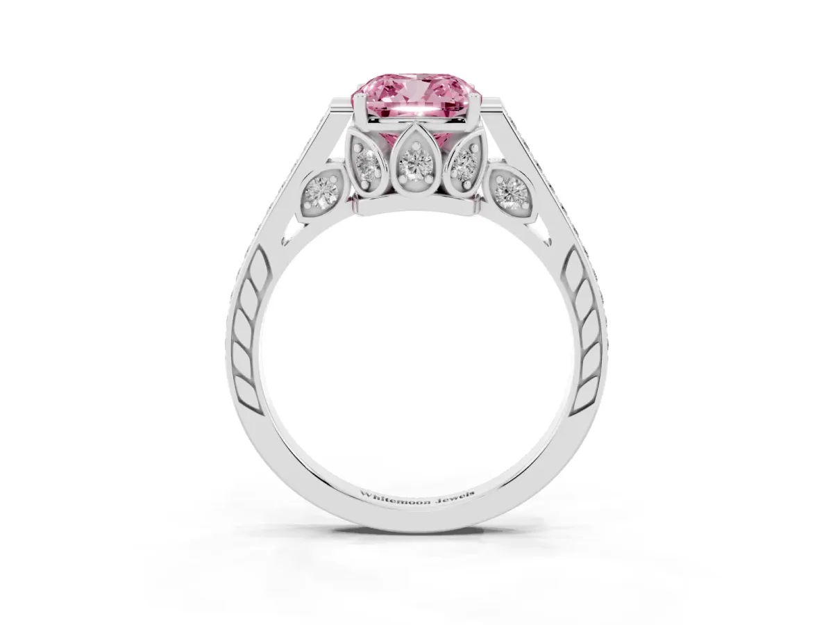 Fancy Pink Cushion Cut Cut Cathedral Pave Diamond Engagement Ring with Six-Prong Setting Silver