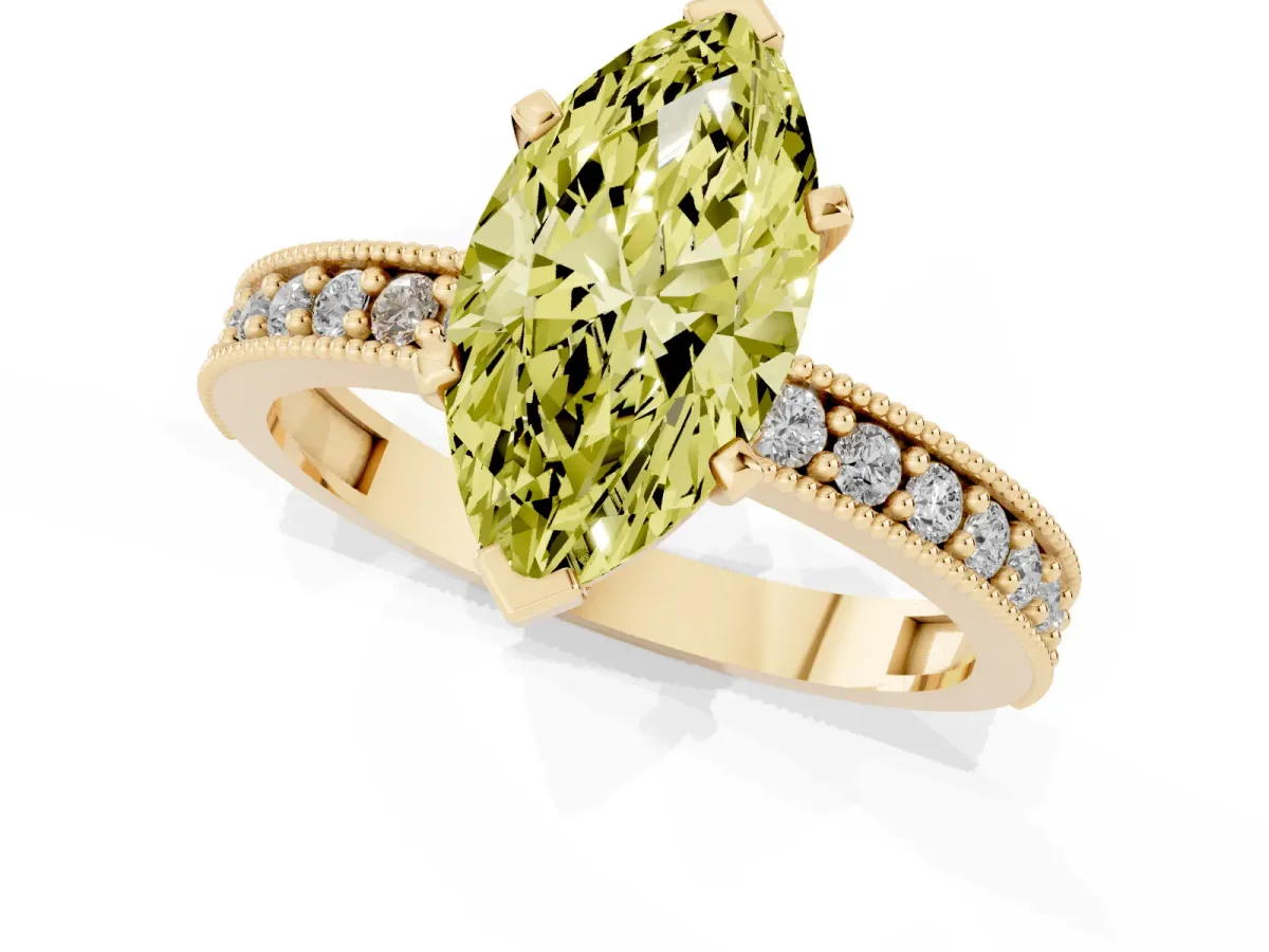 Fancy Yellow Marquise Cut Diamond Milgrain Pavé Engagement Ring with Four-Prong Setting Yellow gold