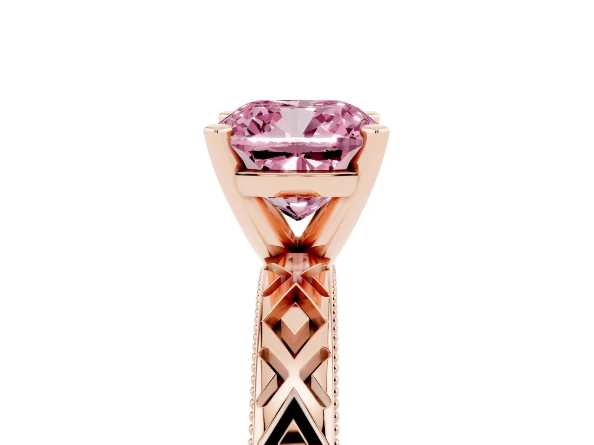 Fancy Pink Cushion Cut Solitaire Diamond Ring with Milgrain and Black Enamel X Pattern Band Rose gold