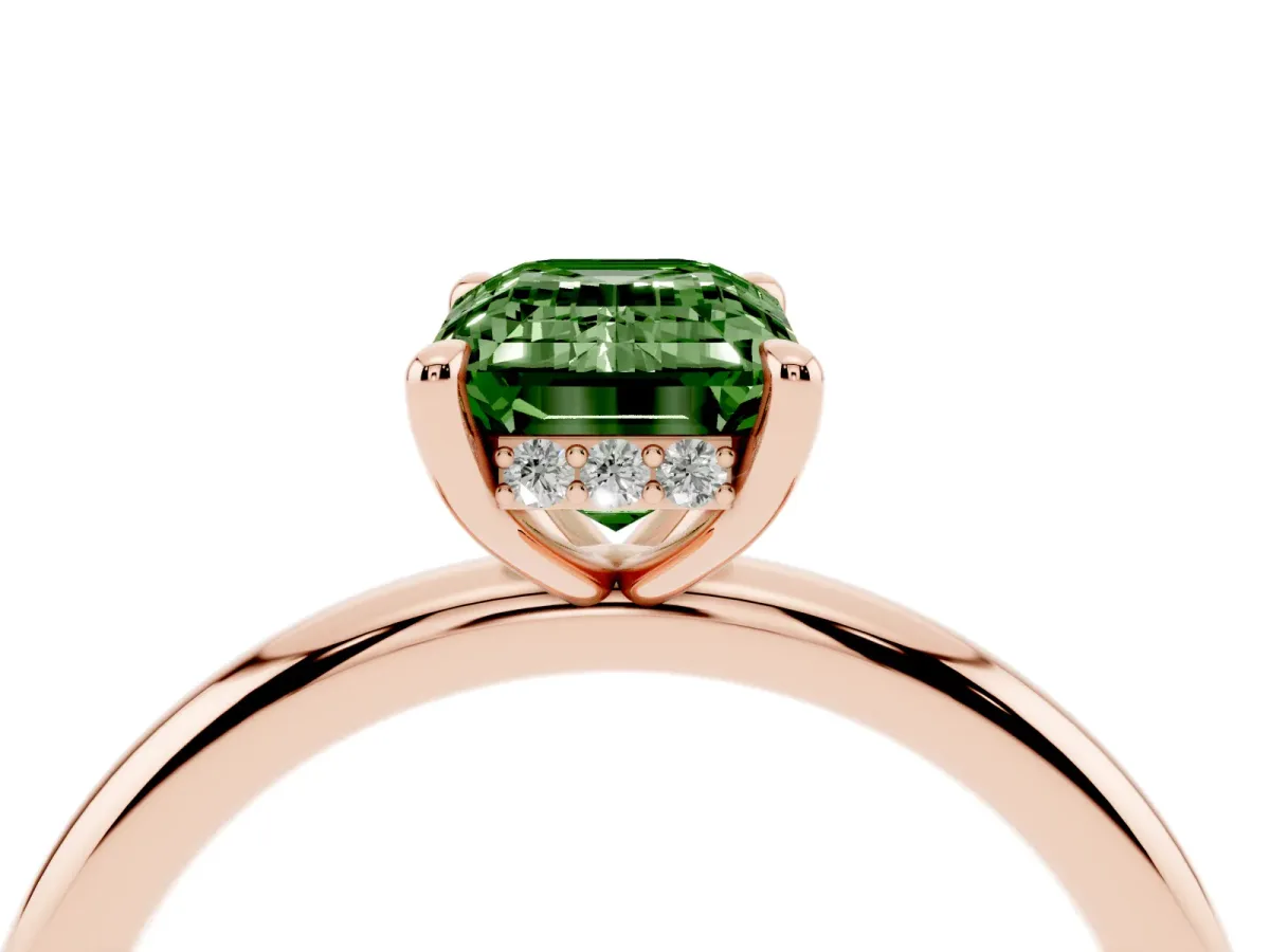Fancy Green Emerald Cut Diamond Solitaire Ring with Thin Band and Four-Prong Setting Rose gold