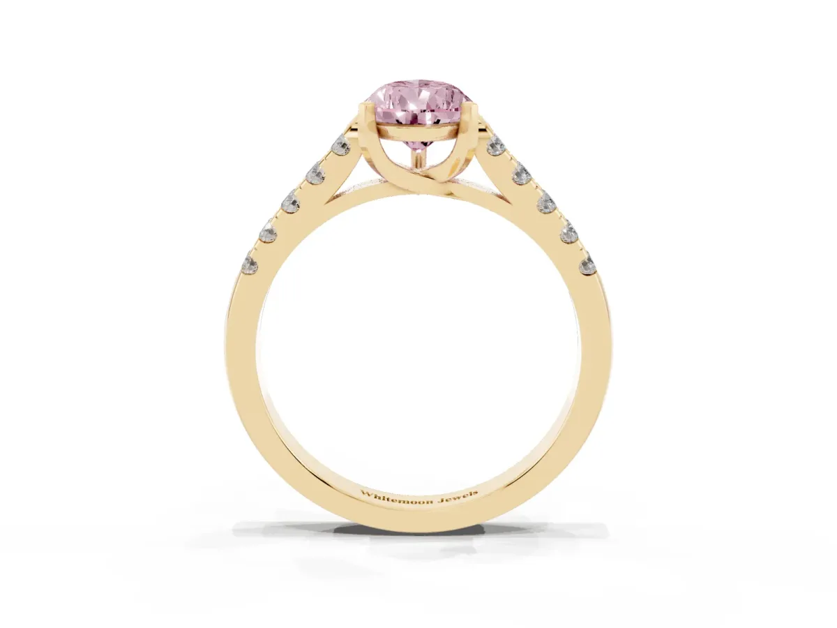 Fancy Pink Pear Cut Diamond Pavé Band Solitaire Ring with Prong Setting Yellow gold