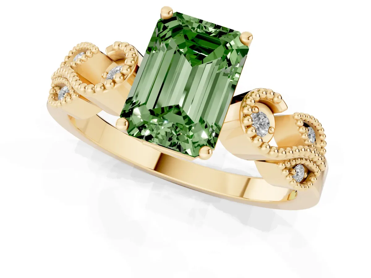 Fancy Green Emerald Cut Solitaire Milgrain Leaf Band with Prong Setting Yellow gold