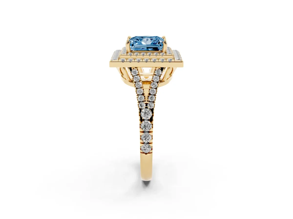 Fancy Blue Princess Cut Diamond Double Halo Ring with Pavé Band and Prong Setting Yellow gold