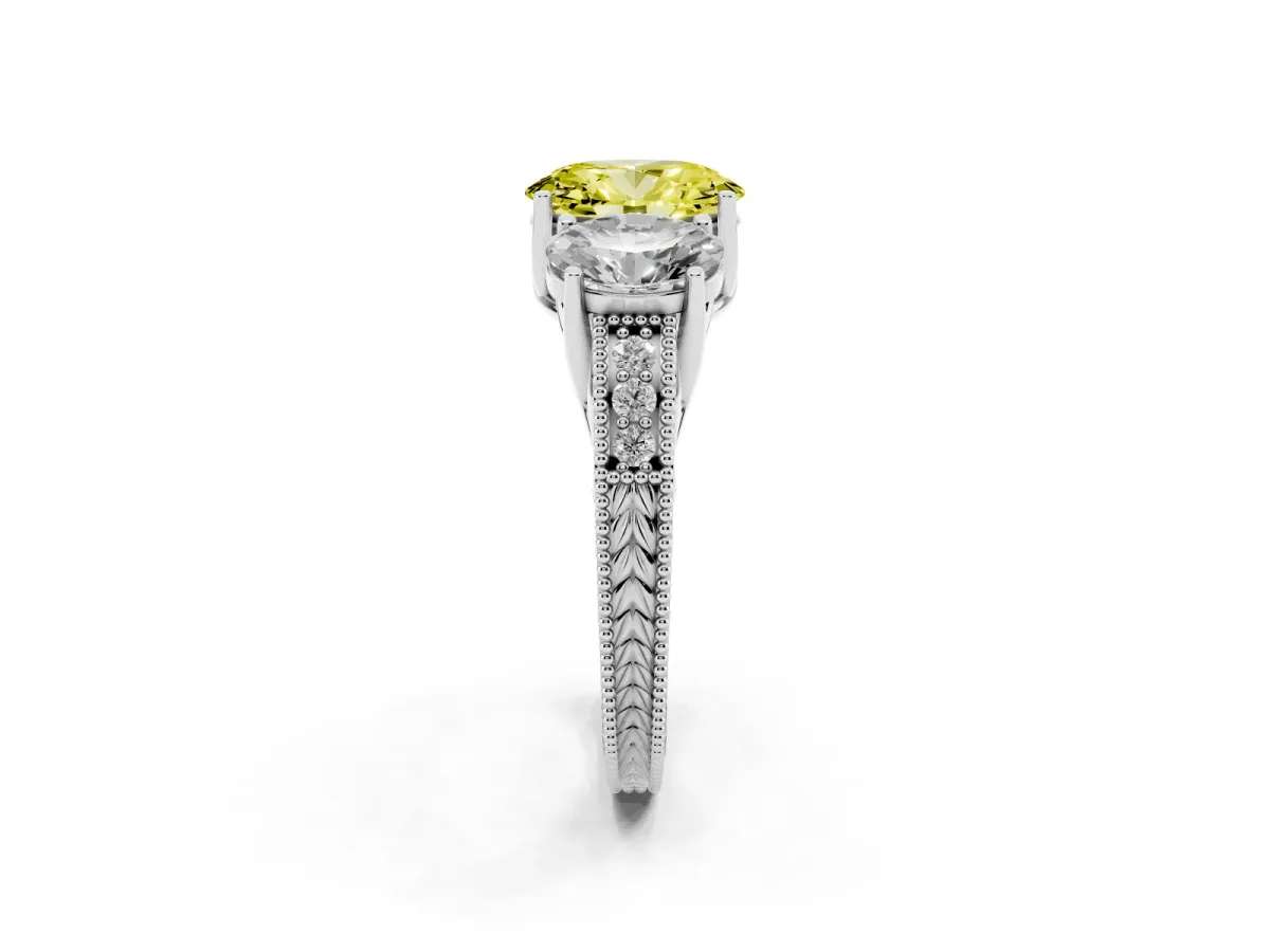 Fancy Yellow Three-Stone Oval Cut Cut Milgrain Pavé Engagement Ring Platinum