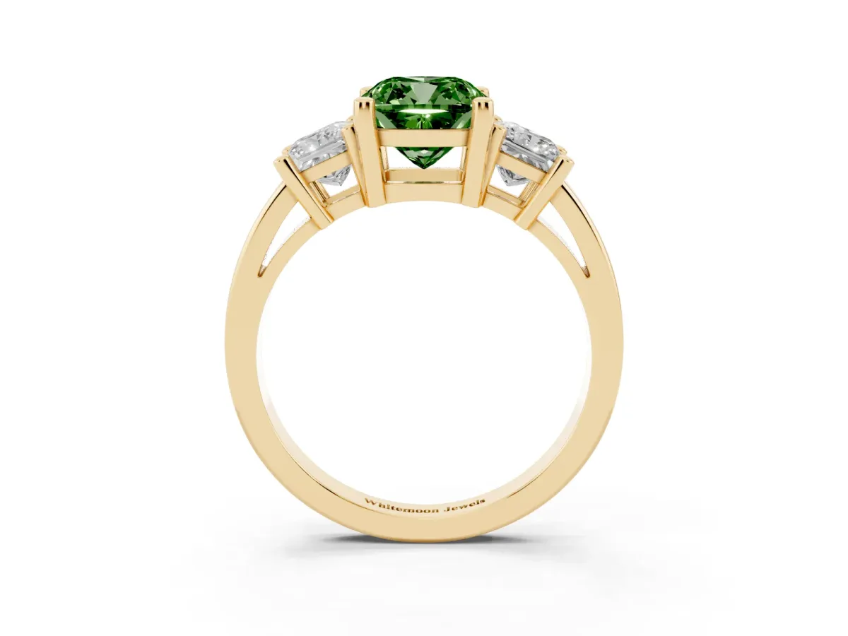 Fancy Green Three-Stone Cushion Cut Cut Solitaire Ring with Prong Setting Yellow gold