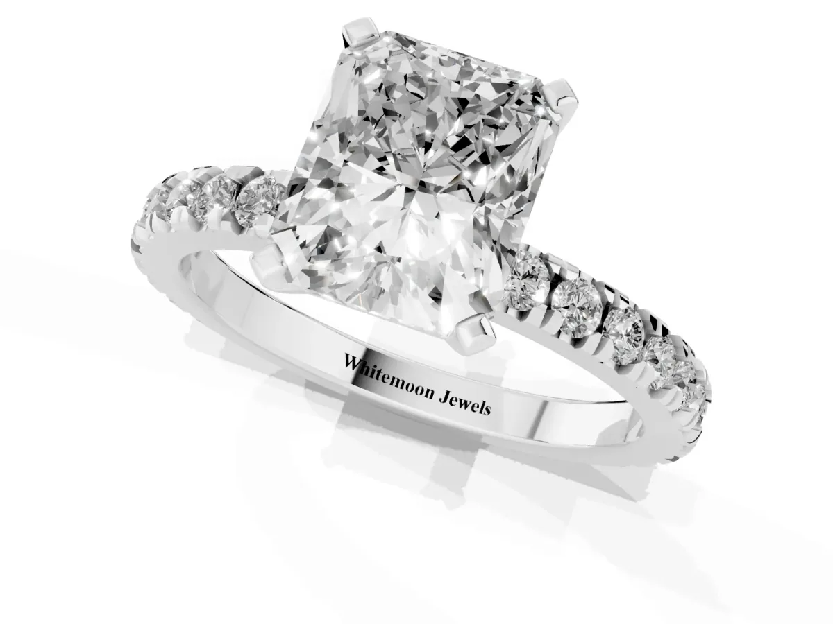 Radiant Cut Diamond Pavé Band Solitaire with Four-Prong Setting Platinum