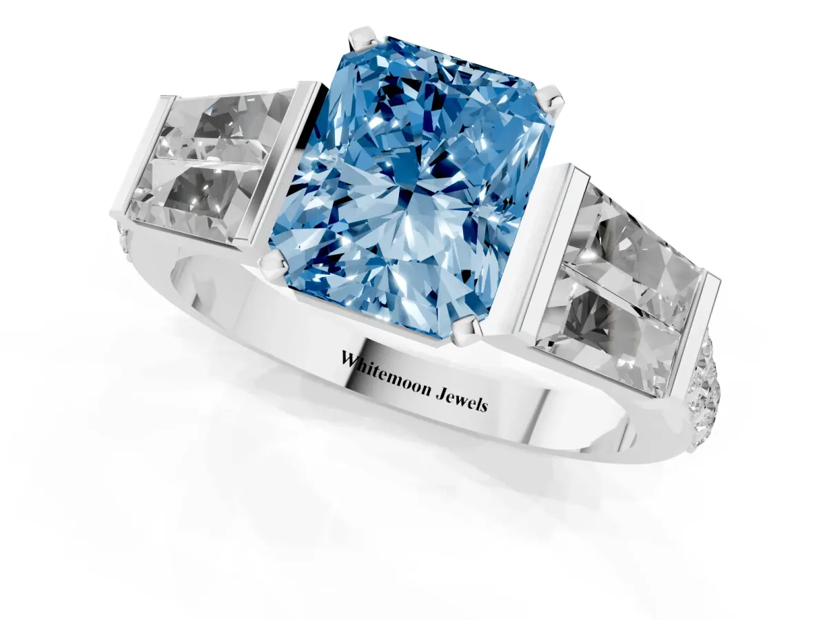 Fancy Blue Radiant Cut Diamond Engagement Ring with Baguette Side Stones and Channel Set Band White gold